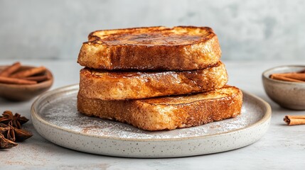 Studio shot of cinnamon French toast on a light gradient background, showcasing the delicious golden-brown toast slices dusted with cinnamon and sugar.