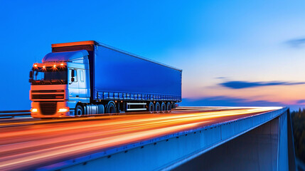 a motion blur of a truck speeding along a raised roadway, capturing the energy of urban transport