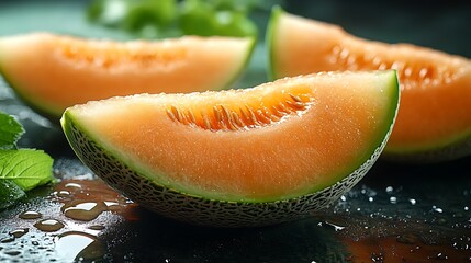 Wall Mural - Freshly cut cantaloupe melon slices with green leaves on a wet dark surface.