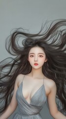 Sticker - A stunning portrait of a Chinese girl with long, wavy hair in soft lighting, showcasing realistic and ethereal beauty.