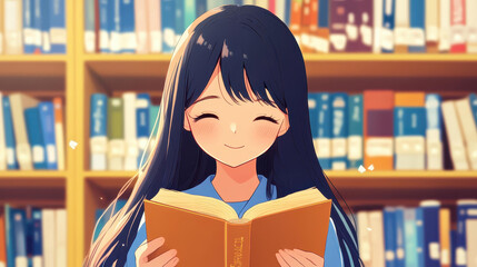 Canvas Print - A charming anime girl idol engrossed in a book, surrounded by shelves of colorful volumes in a serene library.