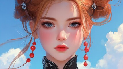 Poster - A charming anime girl with red beads in her hair stands against a soft, cloudy backdrop, showcasing vibrant artistry.