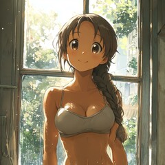 Canvas Print - A captivating anime girl in a onepiece dress, with soft features and shining brown eyes, set against a cozy room window.