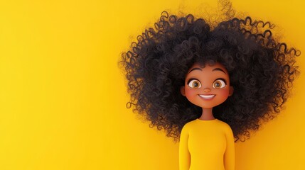 Canvas Print - A joyful cartoon girl with curly hair, wearing a yellow shirt, radiates positivity and happiness against a clean backdrop.