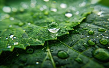 Water droplet on green leaf. Macro nature photography for environment and design concepts.