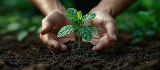 Poster - Close up of hands gently cradling a small green plant growing in rich dark soil.