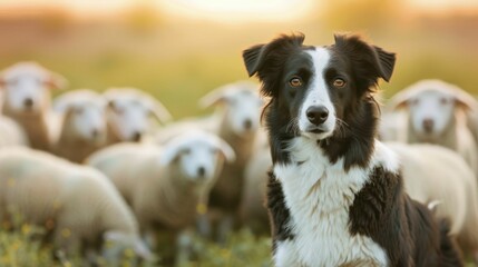 Wall Mural - Hardworking herding dog guiding a flock of wooly sheep across a scenic countryside field with a deep depth of field capturing the peaceful pastoral landscape