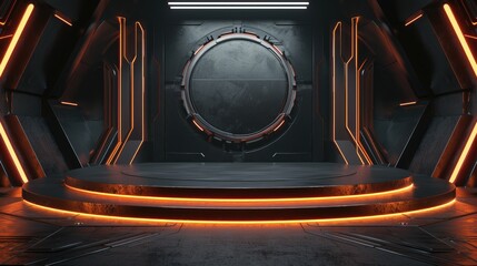 Wall Mural - Futuristic Sci-Fi Platform with Orange Neon Lights