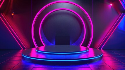 Wall Mural - Neon-Lit Circular Platform with Geometric Background