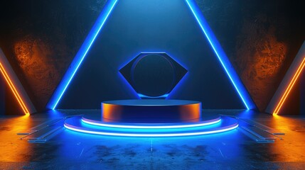 Wall Mural - Neon-lit Platform with Hexagon and Triangles in Dark Space