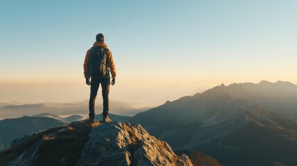 Hiker Stands Atop a Mountain Peak at Sunrise