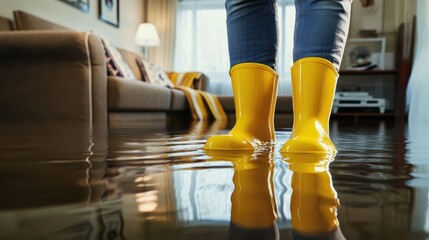 Yellow rain boots, standing in water, flooded interior, living room, hardwood floor, reflections, couch in background, dramatic lighting, close-up perspective, vibrant colors, photorealistic, high con