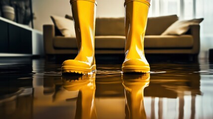 Yellow rain boots, standing in water, flooded interior, living room, hardwood floor, reflections, couch in background, dramatic lighting, close-up perspective, vibrant colors, photorealistic, high con