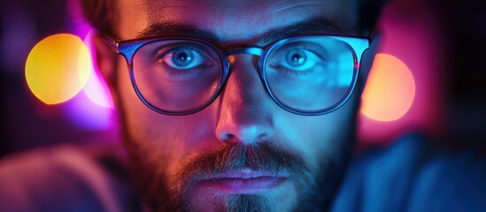 Sticker - Close-up portrait of a man with blue eyes wearing glasses and looking at the camera, bathed in colorful lights.