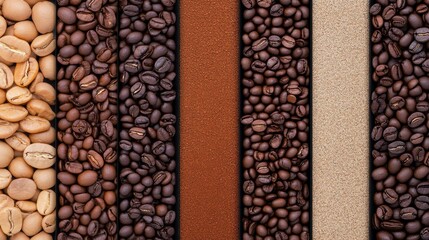 A vibrant closeup showcasing a variety of coffee beans and ground spices, highlighting their rich textures and colors.