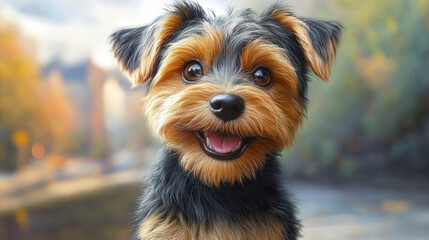 Sticker - A small, brown and black Yorkshire Terrier looks up with a happy smile.