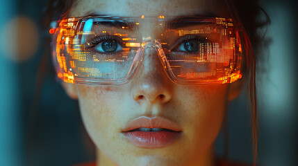 Close up of Woman Wearing Futuristic Tech Glasses with Digital Holographic Display in a High Tech Environment