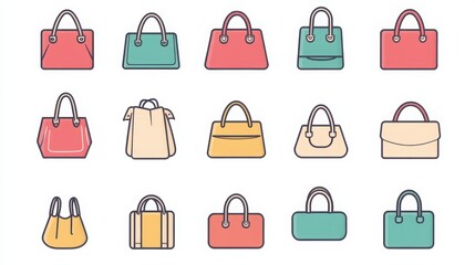 Wall Mural - Bags thin line icon set. such as tote bag, shopping bag, handbag, backpack, paper bag, plastic bag, travel bag