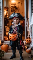 Full body shot of a Caucasian boy dressed as a pirate, holding a candy pumpkin bucket, standing on a front porch decorated with spider webs and jack-o'-lanterns, ready for trick-or-treating