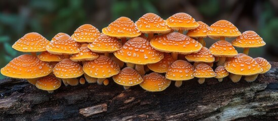 Wall Mural - A close-up view of a cluster of vibrant orange mushrooms growing on a fallen log in a lush forest setting.