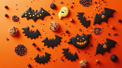 Wall Mural - Halloween themed cookies artfully displayed on vibrant orange background with candy sprinkles and decorative elements