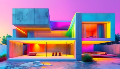 Vibrant Abstract Architectural Illustration of a Minimalist Neon House with 3D Interior Design and Dynamic Lighting on Concrete