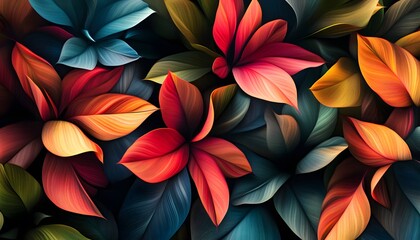 Sticker - Abstract Composition of Vibrant, Veined Tropical Leaves in Red, Orange, and Blue Hues