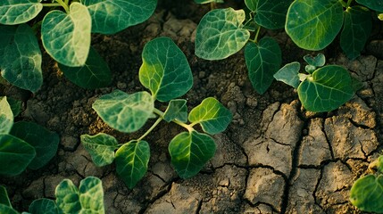 Close-up of green leaves growing in dry, cracked soil.