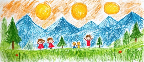 Children's drawing of a mountain landscape with three suns and five people in the foreground.