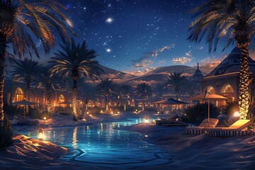 A serene nighttime scene featuring illuminated palm trees, a tranquil pool, and a starry sky, evoking a sense of relaxation and exotic beauty.