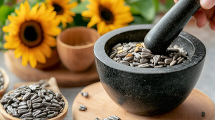 A close-up of sunflower seeds being ground into a paste in a mortar and pestle, highlighting the process of making sunflower seed butter. concept white background, create image