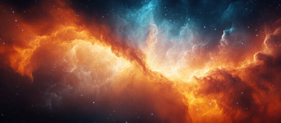 Poster - Abstract cosmic nebula with orange and blue colors, swirling clouds, and stars in the background.