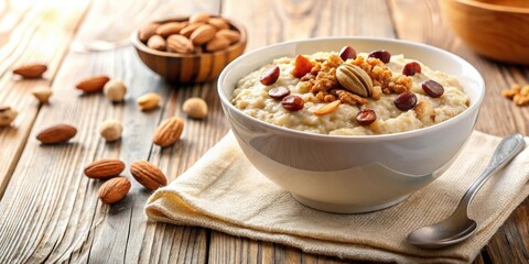 Bowl of wholesome oatmeal topped with nuts , healthy, breakfast, oatmeal, bowl, nuts, almonds, walnuts, toppings, nutritious