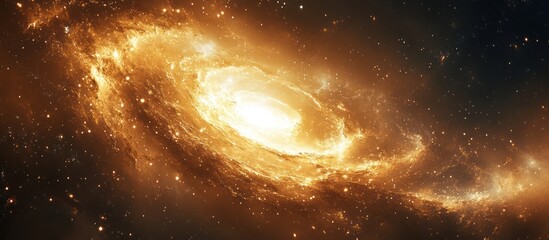 a swirling galaxy with bright, yellow light emanating from the center, against a dark background of 