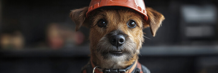 Sticker - A cute dog wearing a hardhat looks directly at the camera.