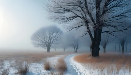 Wall Mural - mystical frosty winter landscape enveloped in a soft mist