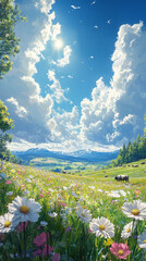 Wall Mural - A field of wildflowers and grazing cows under a bright blue sky