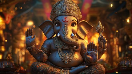 Wall Mural - Lord Ganesha Illustration Hindu Deity Detailed Vibrant Art Candles Garland Jewelry Spiritual