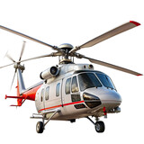 A detailed view of a helicopter isolated against a white background highlighting its sleek design rotor blades and readiness for flight in various conditions