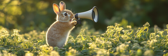 A cute bunny rabbit with long ears holds a megaphone in a grassy field.