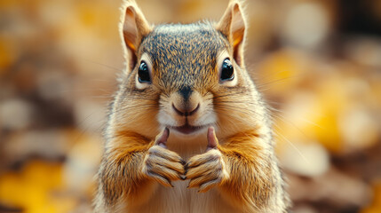 Canvas Print - A cute squirrel sits with paws together in a blur of warm colors.