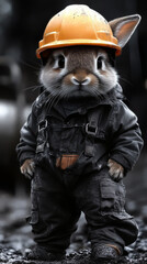 Canvas Print - A cute rabbit wearing a construction worker's uniform and hardhat.