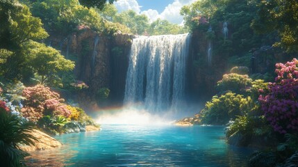 Wall Mural - Waterfall in a Lush Tropical Paradise