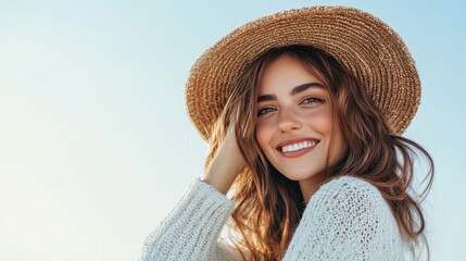 Wall Mural - Carefree Young Woman Enjoying Summer Day Outdoors with Wind-Swept Hairstyle