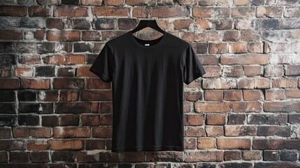 Black T-Shirt Against Vintage Brick Wall: Urban background with a vintage brick wall and a casual black T-shirt display.