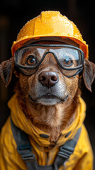 Canvas Print - A brown dog wearing a yellow hard hat and safety glasses.