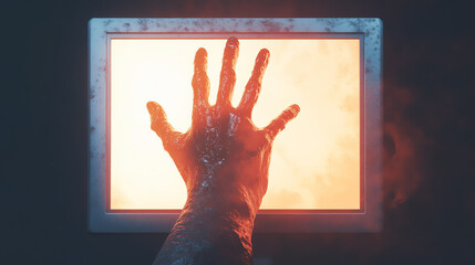 Wall Mural - A hand reaching out from a glowing screen in an abstract representation of technology.