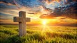© lapeepon - Empty tomb stone with cross on meadow sunrise background, Easter, Sunday, rendering, high resolution, religious