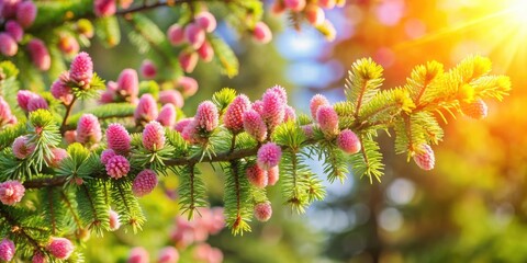 Wall Mural - Spruce tree in full bloom during spring season , blossoming, nature, greenery, growth, springtime, fresh, vibrant