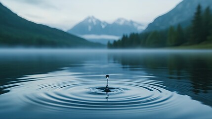 Close-Up of Water Drop Falling into a Lake: Morning mist enhances the serene moment of a single water drop falling into a lake, with mountains and ripples in the background.